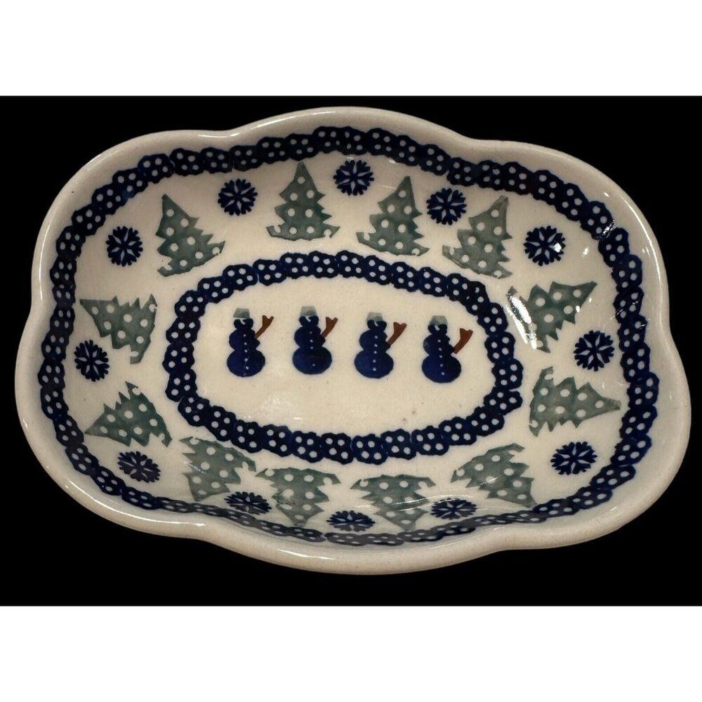 Boleslawiec Polish Art Pottery Plate Trinket Dish Side Snowman Christmas Tree